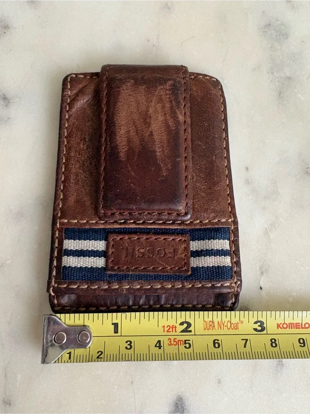Fossil Leather Card Case/Magnetic Money Clip Brown/Navy Designer Masculine Cash